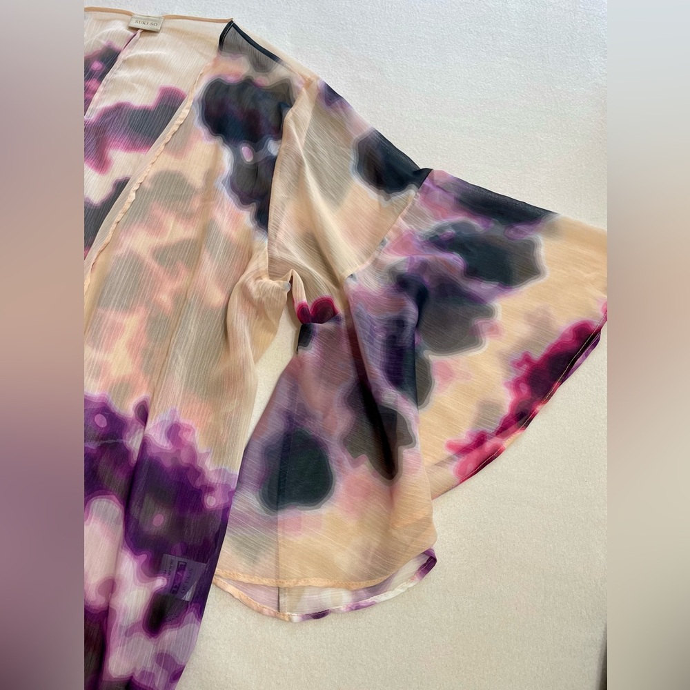 Boho Sheer Kimono Cardigan Tie Dye Bell Sleeve Chiffon Cover Up Open Front L/XL - Picture 10 of 15